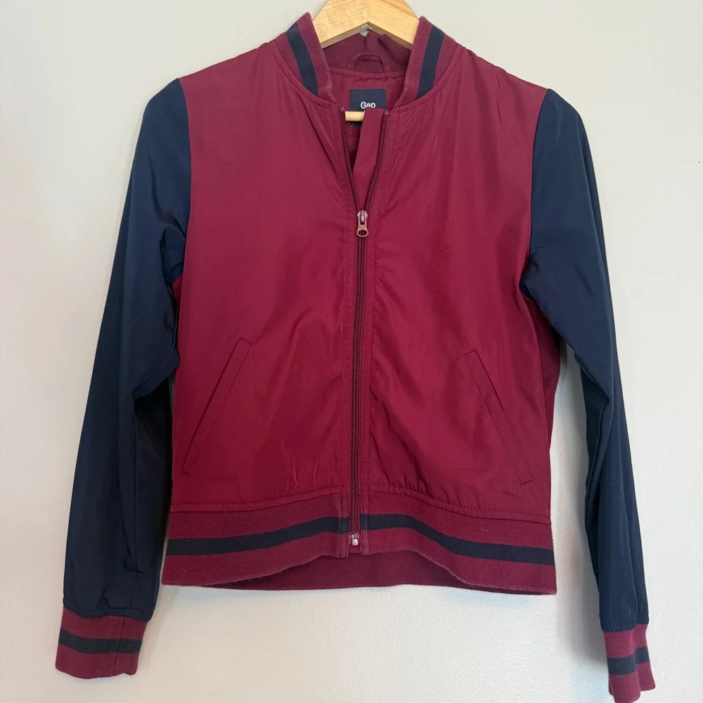 Gap Kids Burgundy Navy Blue Colorblock Zip Up Varsity Bomber Jacket Size S Small